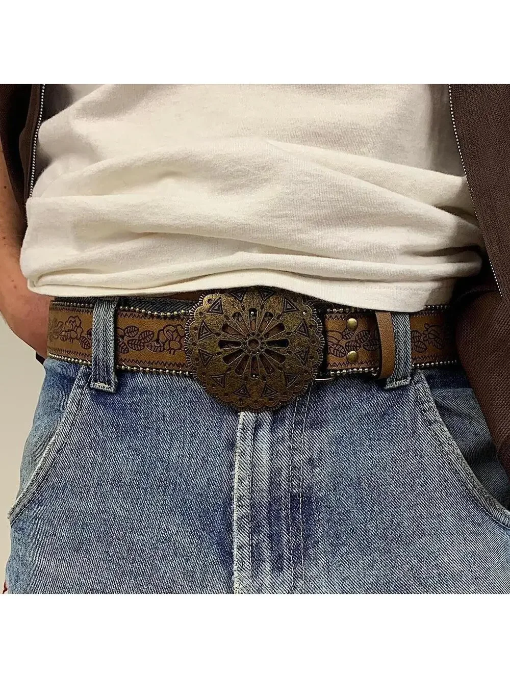 Y2k style American Western Belt Buckle vintage style floral gold beaded boho bro